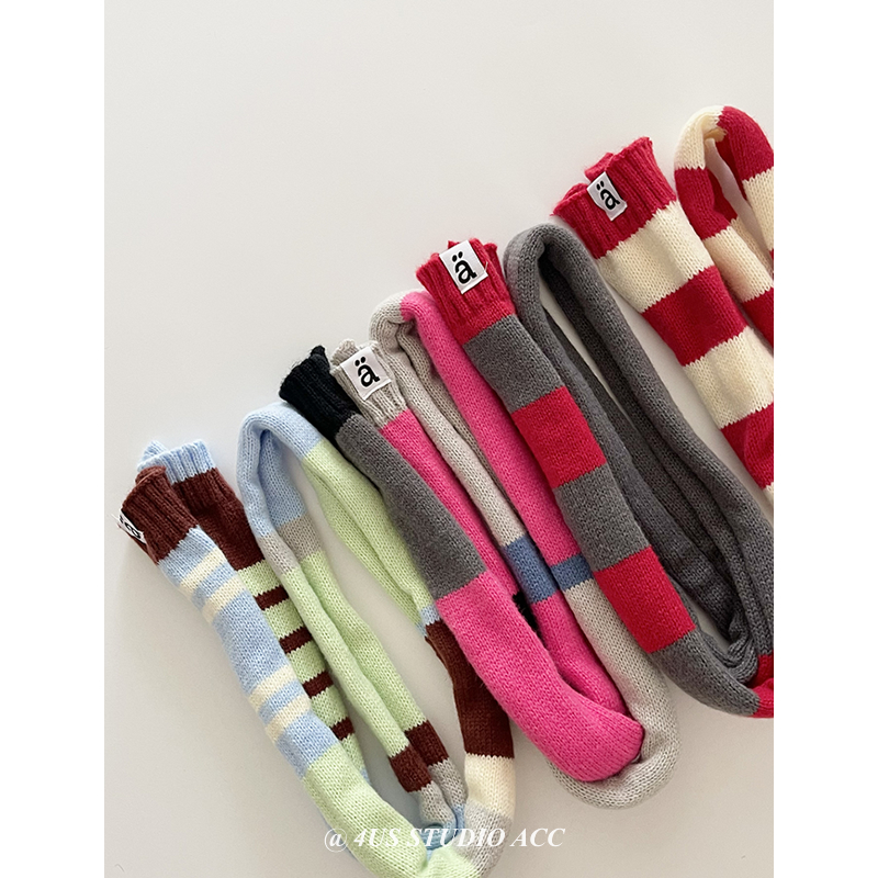 小众拼色腊肠围脖气质高级感短款针织亲子穿搭撞色长条卷卷围巾潮