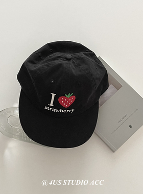 四季百搭黑色平檐鸭舌帽女韩系氛围感可爱草莓蜗牛刺绣遮阳棒球帽