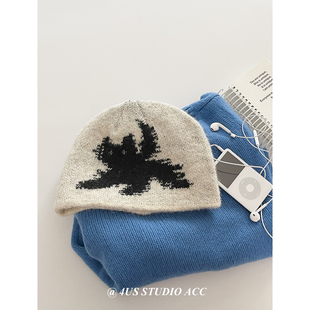 韩版可爱小猫咪提花针织冷帽女冬季保暖护耳套头冷帽显脸小毛线帽