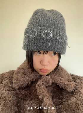 韩国小众设计师款手工缝制针织帽女秋冬季保暖护耳毛线帽潮显脸小