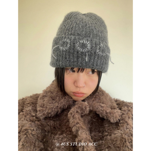 韩国小众设计师款手工缝制针织帽女秋冬季保暖护耳毛线帽潮显脸小