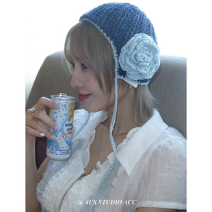 平井桃momo同款手工钩织花朵冷帽女春夏季新款小众设计包头针织帽