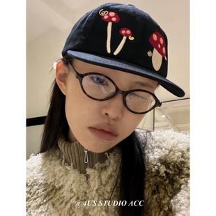 韩国ig博主同款蘑菇刺绣棒球帽女个性小众平檐软顶鸭舌帽显脸小