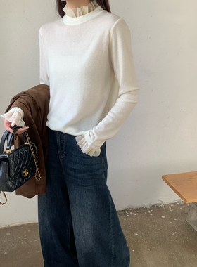 袖口欧根纱拼接打底衫秋冬款修身显瘦内搭针织衫长袖半高领毛衣女