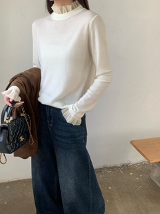 袖口欧根纱拼接打底衫秋冬款修身显瘦内搭针织衫长袖半高领毛衣女