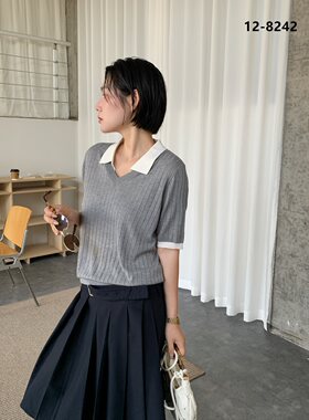 2026春季新款翻领短袖针织衫女宽松显瘦百搭气质毛衣薄外套上衣女