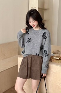 清仓特价 蝴蝶提花全羊毛毛衣2025秋冬新款宽松圆领长袖针织衫女