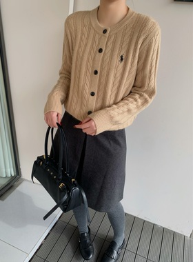 短毛衣2025冬季新款圆领小马刺绣麻花绵羊毛针织衫开衫宽松厚外套