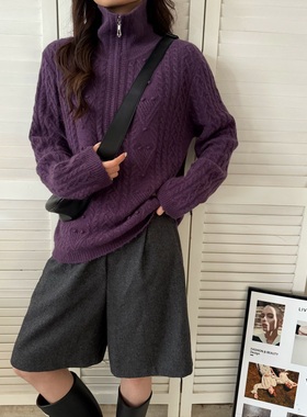 2025秋冬新款浣熊宽松高领半拉链绞花长袖毛衣女加厚宽松羊毛衫