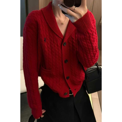 冬季羊毛麻花青果领显瘦女开衫