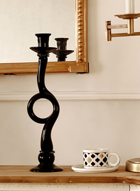 加安加丽中古vintage黑色琉璃烛台北欧轻奢艺术蜡烛台装饰摆件