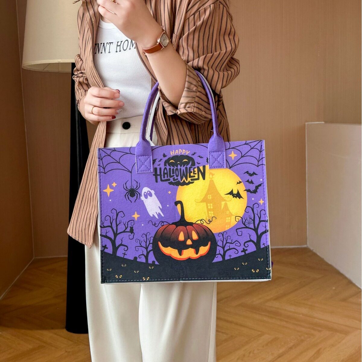 万圣节手提袋印花彩色毛毡包袋子派对礼物包装袋商场购物袋定制