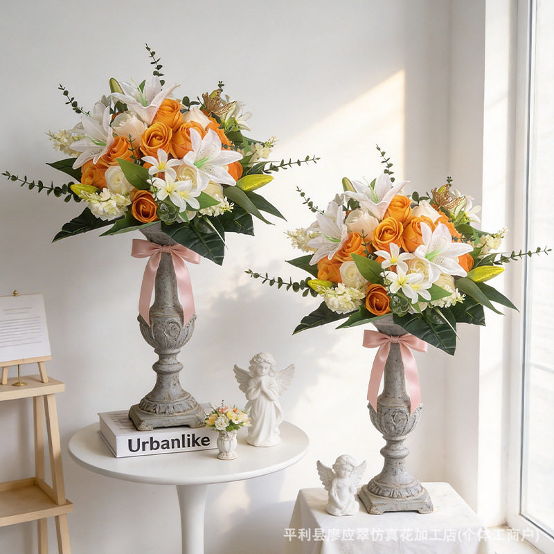 跨境仿真花定制玫瑰白百合假花生日宴会餐桌装饰花艺婚礼布置