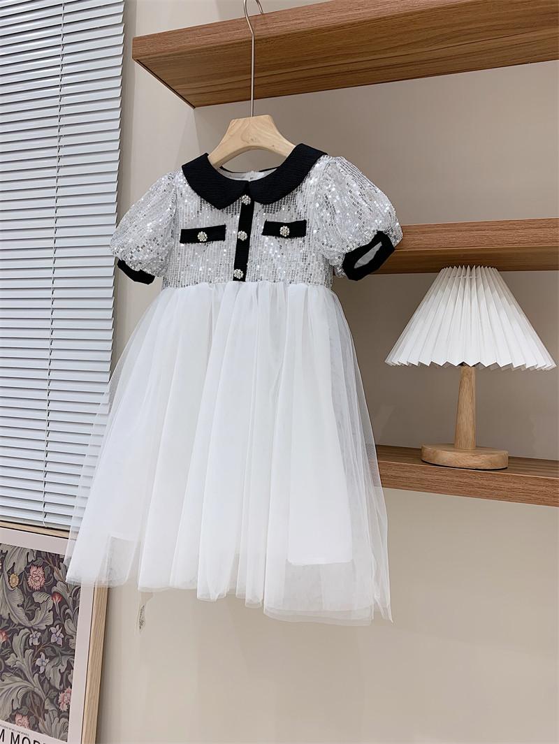 品牌童装2022年夏季女童小香风bling亮片泡泡袖网纱公主裙礼服裙