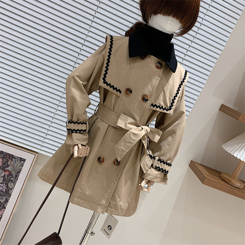 브랜드 아동복 2021 가을 여아 프렌치 스플라이싱 라펠 숄 스타일 더블 브레스트 레이스업 중간 길이 윈드 브레이커 재킷