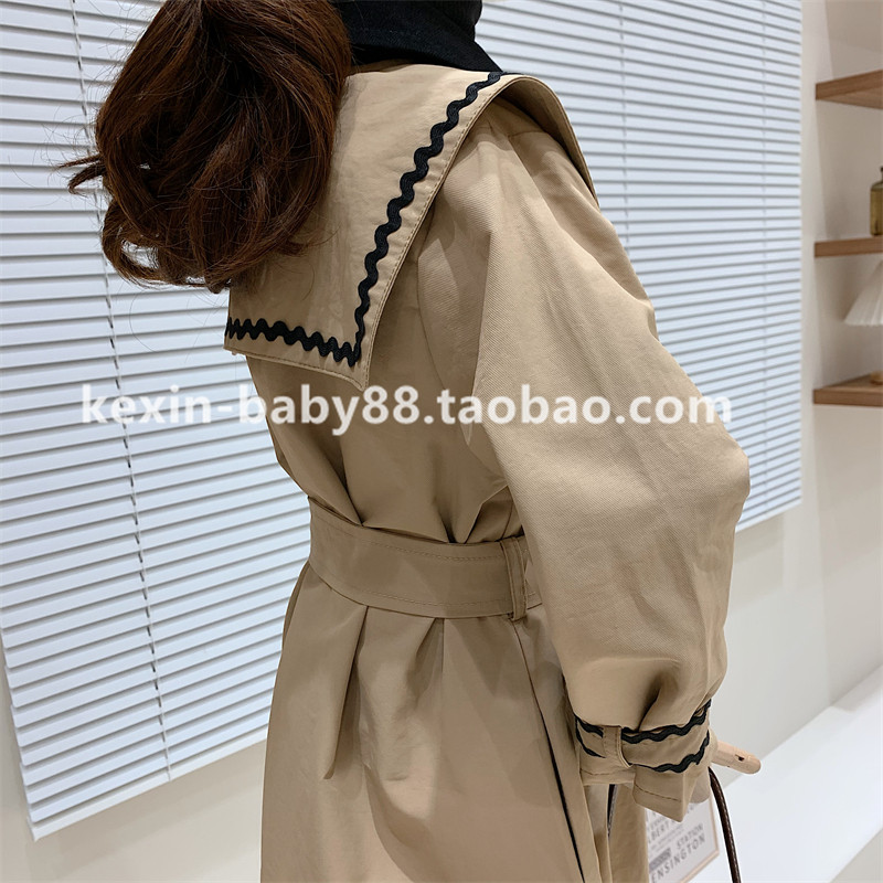 브랜드 아동복 2021 가을 여아 프렌치 스플라이싱 라펠 숄 스타일 더블 브레스트 레이스업 중간 길이 윈드 브레이커 재킷