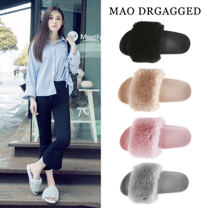 2019新款毛毛拖鞋女外穿时尚百搭韩版毛绒秋冬一字拖平底防滑软底