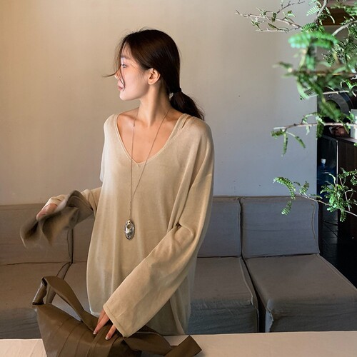 慵懒长袖上衣V领背心A字长裙套装