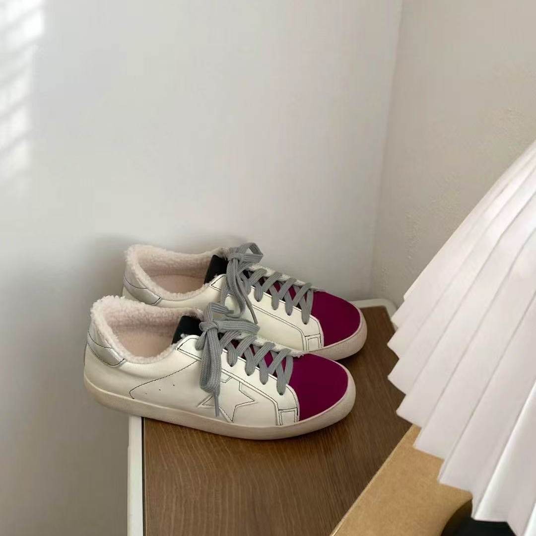 TOMBOR新德训鞋女新款复古风拼色星星鞋系带加绒保暖平底休闲板鞋