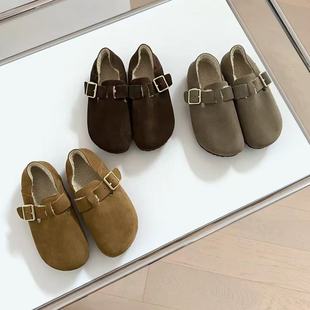 Tombor秋冬新款通宝奶奶鞋牛皮休闲百搭乐福懒人鞋加绒加毛勃肯鞋