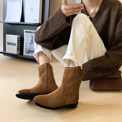 通宝tombor 韩国东大门复古休闲磨砂绒面平底单靴西部靴短靴子女