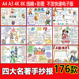 四大名著小报西游记红楼梦水浒传三国演义手抄报模板电子版A3A4
