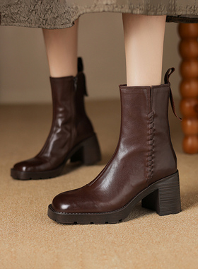 头层牛皮高跟时装靴 防水台方头粗跟短靴子女 侧拉链瘦瘦靴真皮冬