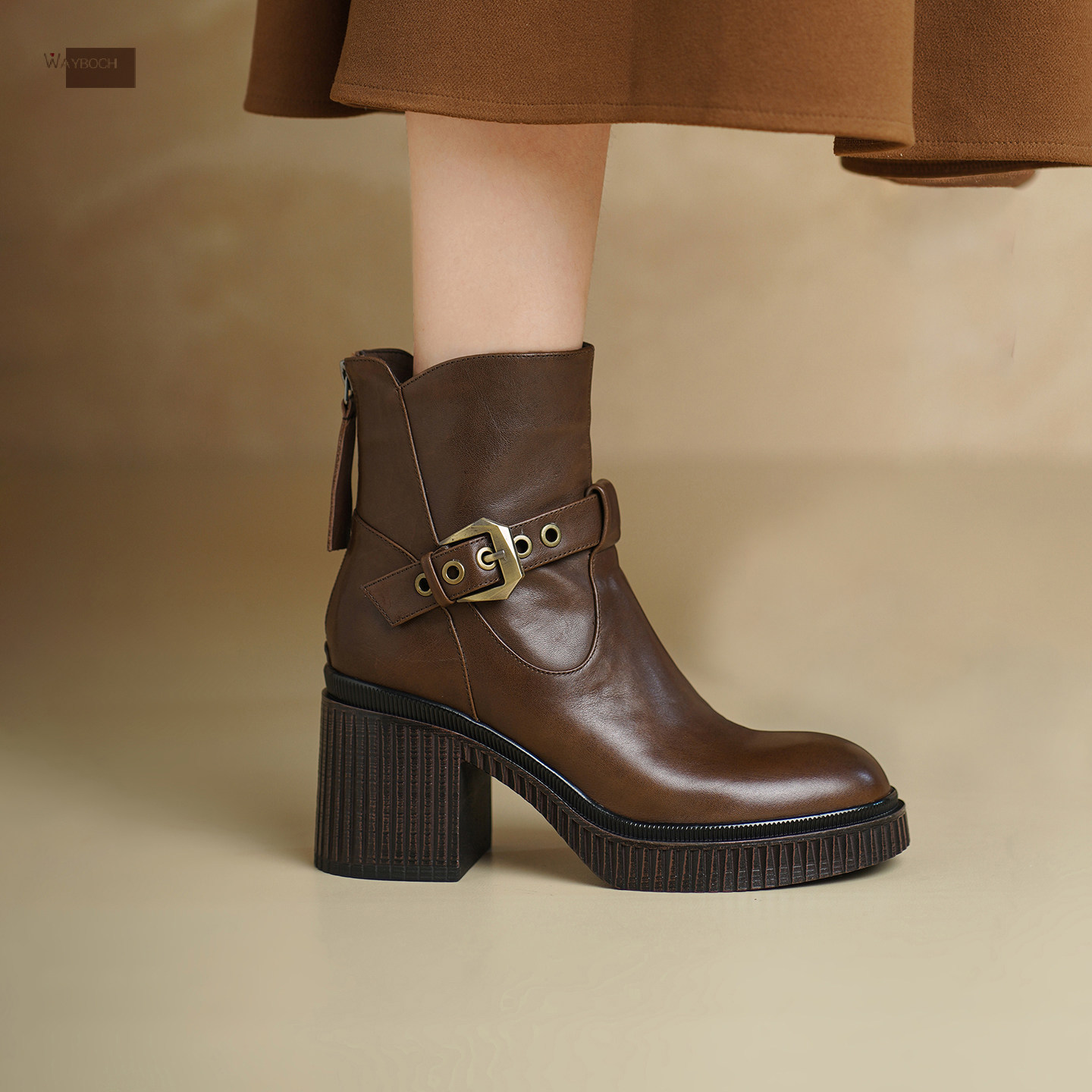 玮保/真皮高跟防水台粗跟短靴子