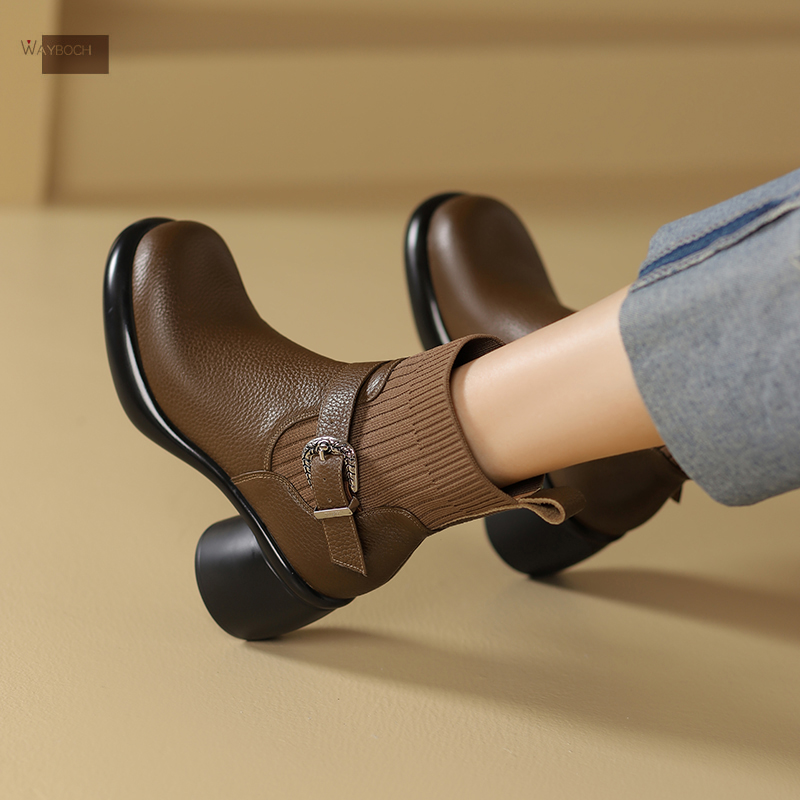 真皮粗跟厚底防水台袜靴短靴子