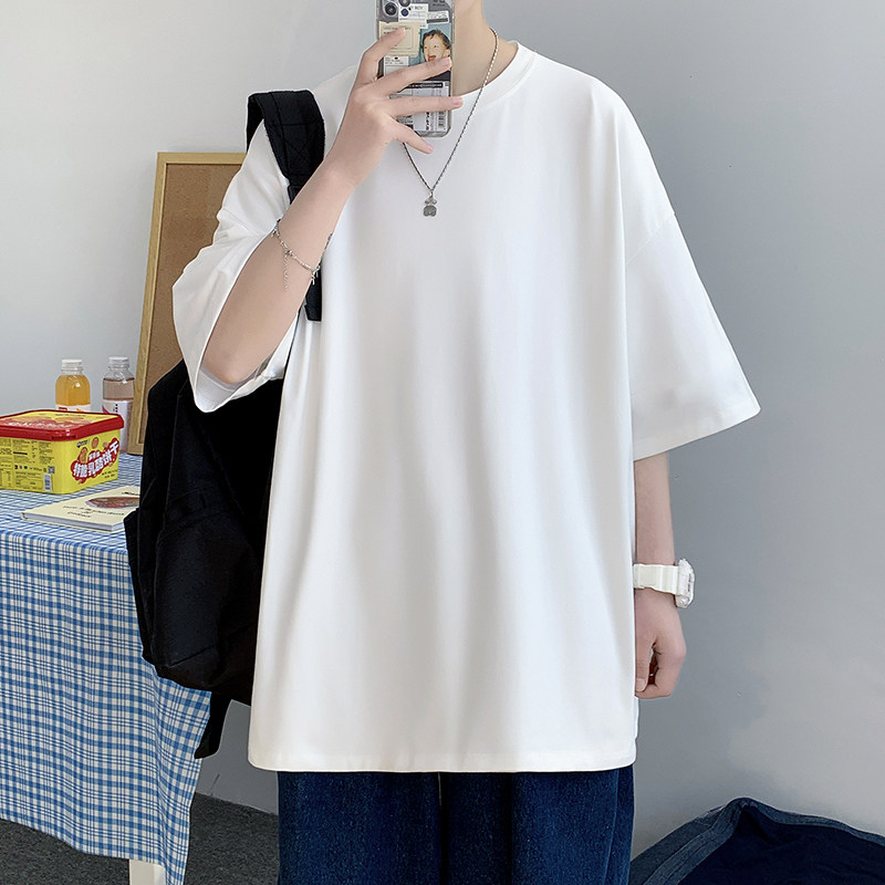 不显大肚子半袖夏天T恤男生短袖微胖无字无图案适合胖子穿的衣服