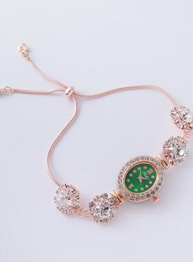 新款时尚椭圆形锆石细带女表镶钻手链表自由调节女式腕表石英表手