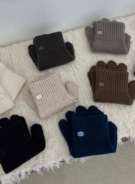 王炸100%美利奴纯羊毛针织手套女秋冬可触屏蓝色保暖五指手套情侣