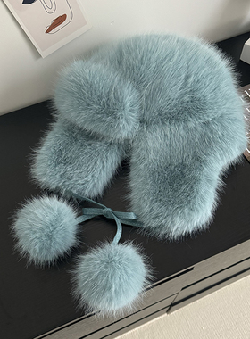 24新款蓝色仿貂绒雷锋帽女毛绒帽子东北川西长白雪山保暖护耳帽冬