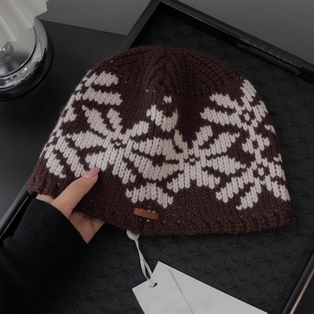 100%澳洲羊毛美拉德穿搭复古针织提花文艺风护耳显脸小保暖毛线帽