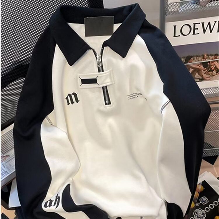 美式复古原宿半拉链polo领卫衣情侣高级感hiphop潮牌黑白撞色