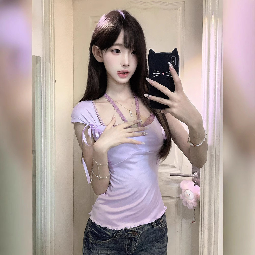 紫色纯欲风蝴蝶结短袖t恤女夏季新款独特显瘦修身性感chic上衣