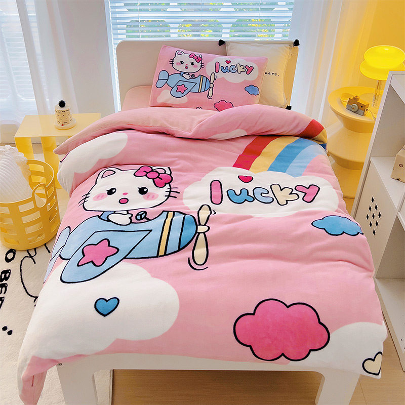 冬季牛奶绒幼儿园三件套被子儿童女孩飞机猫床品加绒小被套六件套
