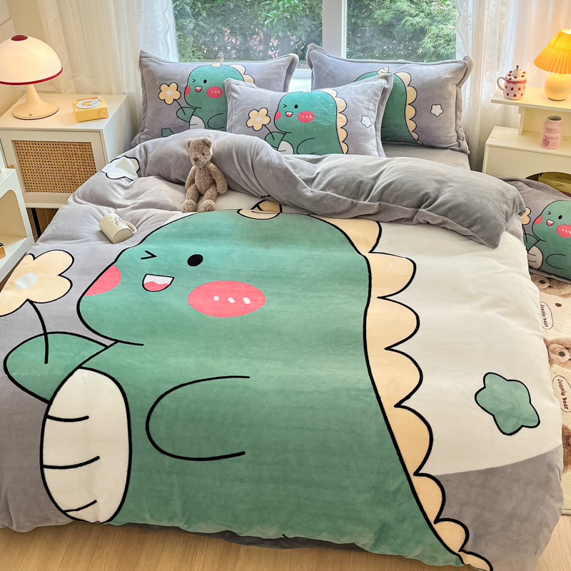 小恐龙卡通牛奶绒四件套儿童男孩双面珊瑚绒冬季加厚被套床单毛绒