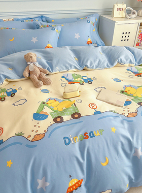 蓝色小汽车挖掘机纯棉单被套单件儿童男孩卡通可爱小孩全棉布被罩