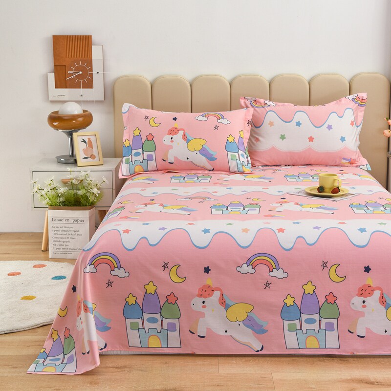 可爱卡通独角兽纯棉床单单件全棉单人儿童女孩女童单子粉色三件套