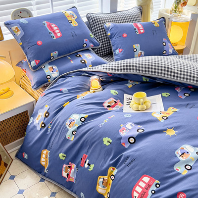 一面全棉被套单件ab面纯棉加绒被罩儿童男孩小汽车单面绒珊瑚绒冬
