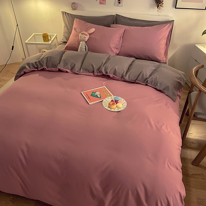 简约豆沙灰色撞色床上四件套纯色磨毛被套床单三件套双拼用品床品