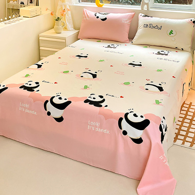 纯棉床单单件100全棉被单儿童女孩卡通女童粉色熊猫单人三件套1.5