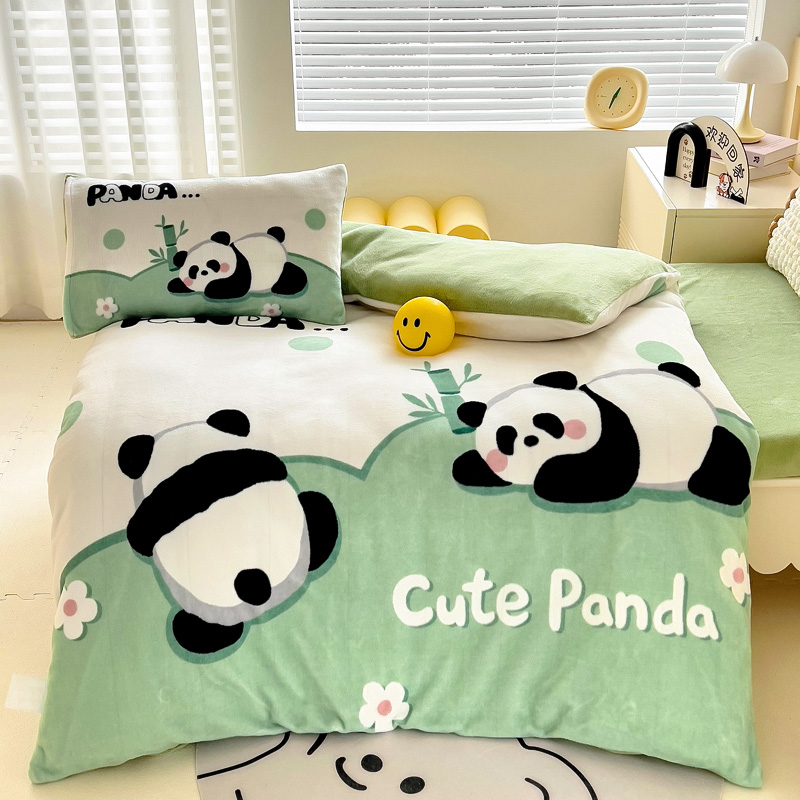 儿童男孩熊猫被套加绒被罩宝宝秋冬幼儿园被套冬季120x150三件套