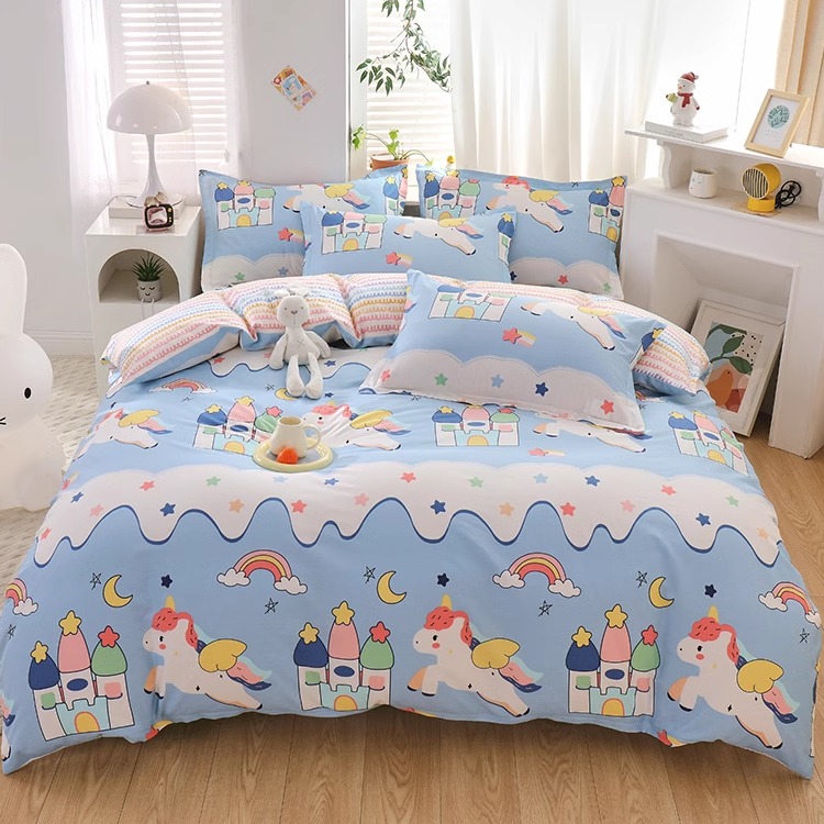 可爱独角兽彩虹马床上四件套纯棉全棉卡通女孩儿童床单被套三件套