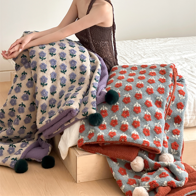 ins复古花朵秋冬多功能羊羔绒提花毛毯午休毯盖毯加厚保暖毯卧室