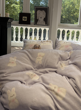 卡通萌兔梦幻紫色数码印花牛奶绒四件套珊瑚绒1.5m1.8米秋冬保暖