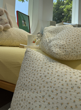 田园风A类母婴级皱皱双层纱少女樱花黄色四件套全棉纯棉1.5m1.8米