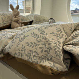 ins田园叶子奶灰色床上四件套全棉纯棉磨毛秋冬加厚保暖1.5m1.8米