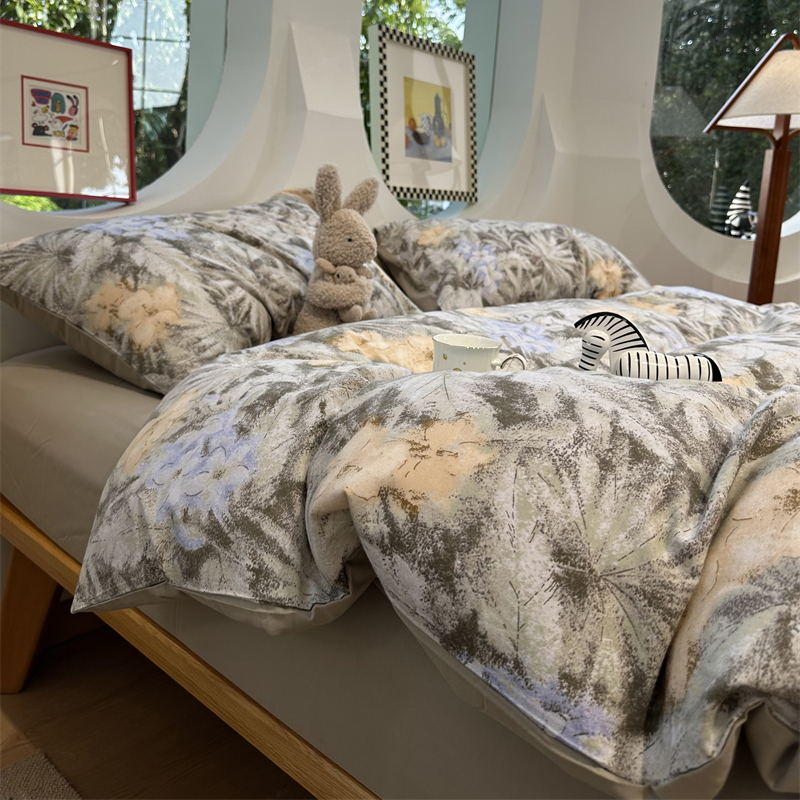 保暖全棉灰色田园磨毛床上四件套